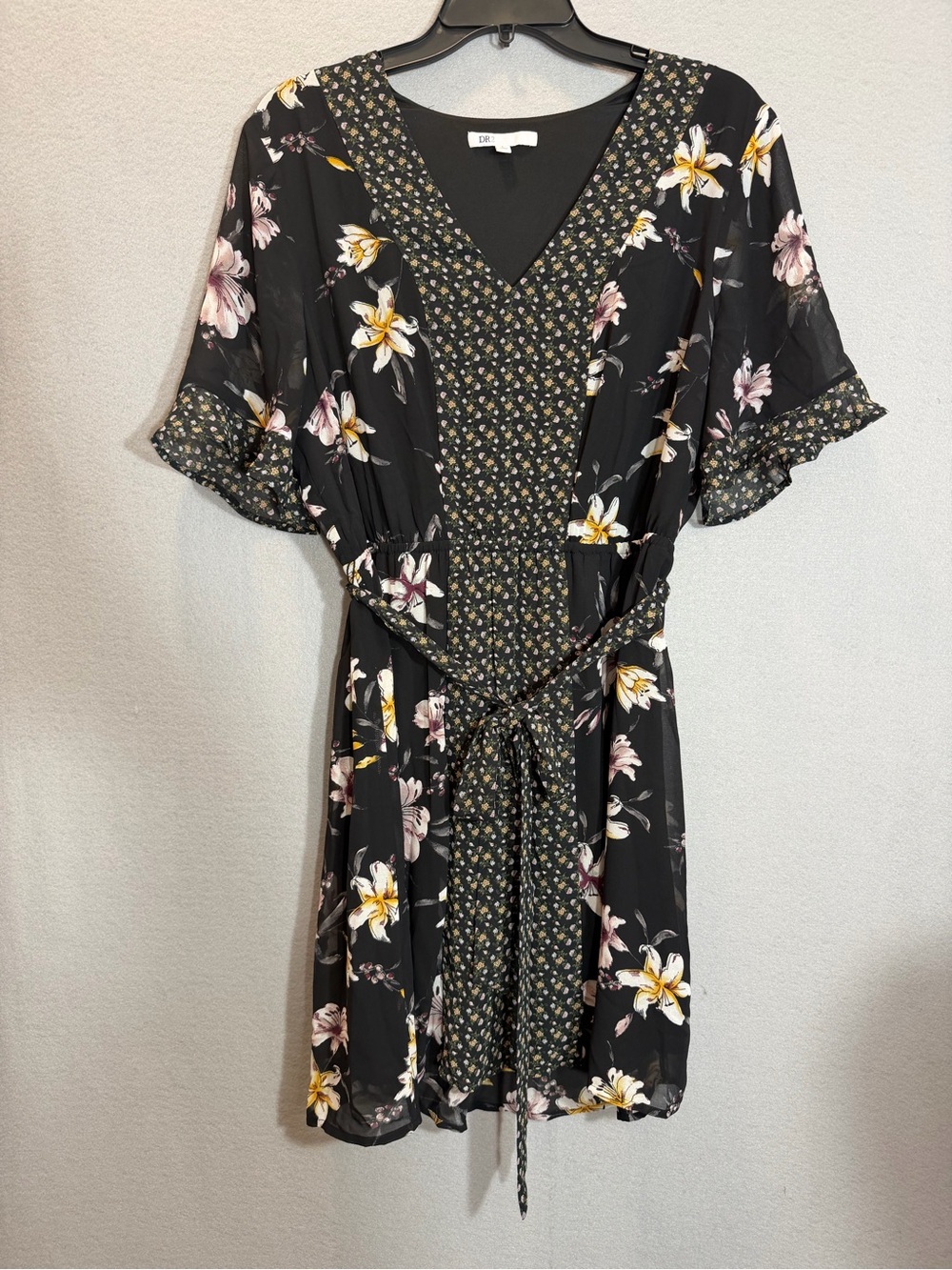 Whimsigoth Black Floral Mini Dress Flutter Sleeve Tie Waist DR2 Witchy Garden
